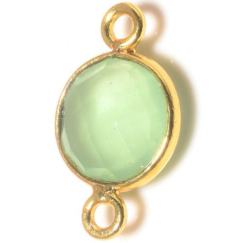 Stone Connectors & Drops. Sterling Silver Gold Plated / Vermeil 8.0mm Width / Length, Prehnite Quartz Stone, Round Connector with 3.3mm Closed Ring on each side. Quantity Per Pack: 1 Piece.