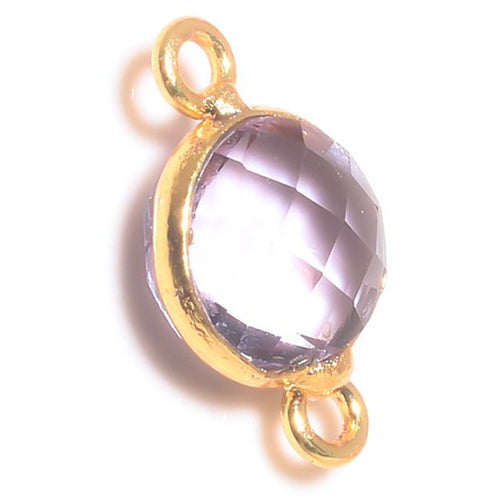 Stone Connectors & Drops. Sterling Silver Gold Plated / Vermeil 8.0mm Width / Length, Pink Amethyst Stone, Round Connector with 3.3mm Closed Ring on each side. Quantity Per Pack: 1 Piece.