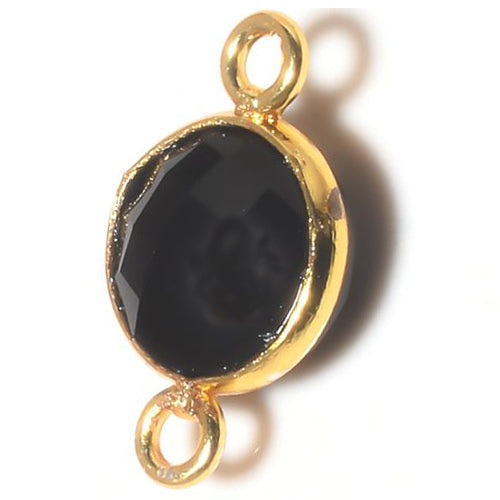 Stone Connectors & Drops. Sterling Silver Gold Plated / Vermeil 8.0mm Width / Length, Black Onyx Stone, Round Connector with 3.3mm Closed Ring on each side. Quantity Per Pack: 1 Piece.