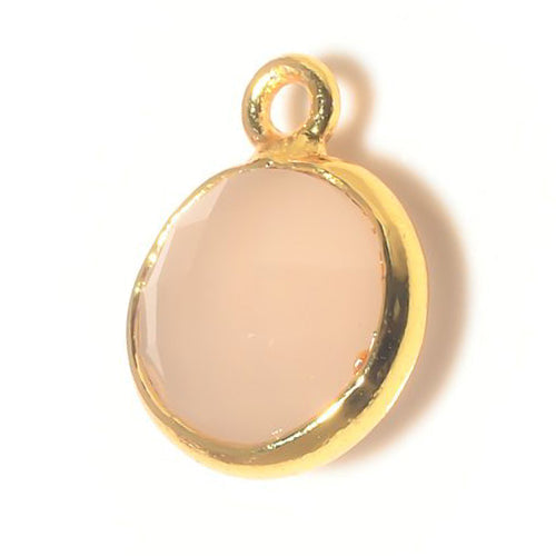 Stone Connectors & Drops. Sterling Silver Gold Plated / Vermeil 8.0mm Width / Length, Pink Opal Quartz Stone, Round Drop with one 3.3mm Closed Ring. Quantity Per Pack: 1 Piece.