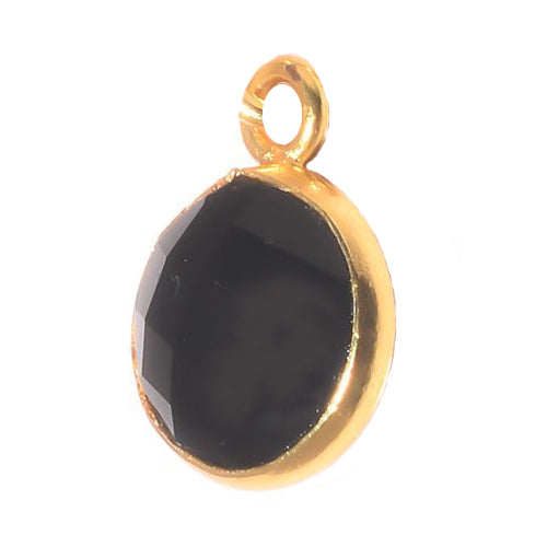 Stone Connectors & Drops. Sterling Silver Gold Plated / Vermeil 8.0mm Width / Length, Black Onyx Stone, Round Drop with one 3.3mm Closed Ring. Quantity Per Pack: 1 Piece.