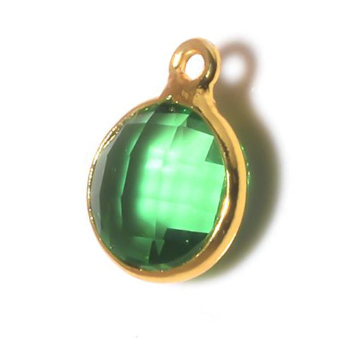 Stone Connectors & Drops. Sterling Silver Gold Plated / Vermeil 8.0mm Width / Length, Green Florite Stone, Round Drop with one 3.3mm Closed Ring. Quantity Per Pack: 1 Piece.