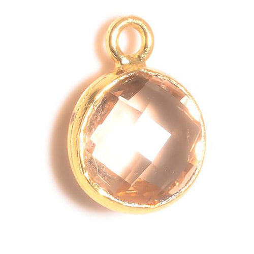 Stone Connectors & Drops. Sterling Silver Gold Plated / Vermeil 8.00mm Width / Length, Morganite Stone, Round Drop with one 3.30mm Closed Ring. Quantity Per Pack: 1 Piece.