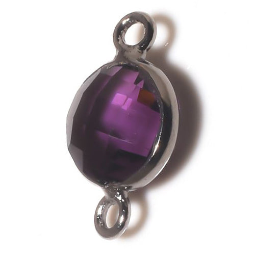 Stone Connectors & Drops. Sterling Silver Oxidized 8.0mm Width / Length, Amethyst Stone, Round Connector with 3.3mm Closed Ring on each side. Quantity Per Pack: 1 Piece.