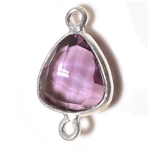 Stone Connectors & Drops. Sterling Silver 13.0mm Width by 19.3mm Length, Amethyst Stone, Triangle Connector with 3.0mm Closed Ring on each side. Quantity Per Pack: 1 Piece.