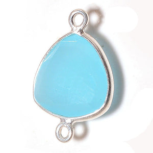 Stone Connectors & Drops. Sterling Silver 13.0mm Width by 19.3mm Length, Chalcedony - Aqua Stone, Triangle Connector with 3.0mm Closed Ring on each side. Quantity Per Pack: 1 Piece.