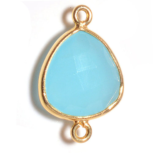 Stone Connectors & Drops. Sterling Silver Gold Plated / Vermeil 13.0mm Width by 19.3mm Length, Chalcedony - Aqua Stone, Triangle Connector with 3.0mm Closed Ring on each side. Quantity Per Pack: 1 Piece.