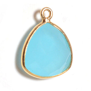 Stone Connectors & Drops. Sterling Silver Gold Plated / Vermeil 13.00mm Width by 16.00mm Length, Chalcedony - Aqua Stone, Triangle Drop with one 3.00mm Closed Ring. Quantity Per Pack: 1 Piece.