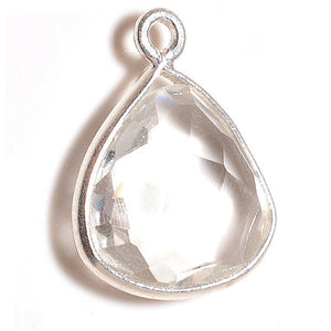 Stone Connectors & Drops. Sterling Silver 13.0mm Width by 16.0mm Length, Crystal Stone, Triangle Drop with one 3.0mm Closed Ring. Quantity Per Pack: 1 Piece.