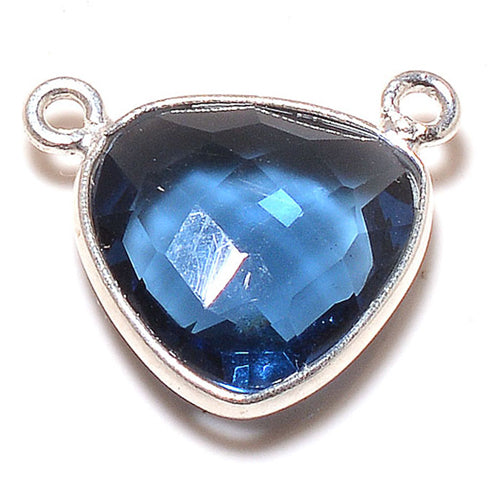 Stone Connectors & Drops. Sterling Silver 16.0mm Width by 14.0mm Length, Blue Tourmaline Stone, Triangle Connector - Center Piece with two 3.0mm Closed Rings on top. Quantity Per Pack: 1 Piece.