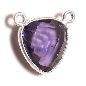 Stone Connectors & Drops. Sterling Silver 16.0mm Width by 14.0mm Length, Amethyst Stone, Triangle Connector - Center Piece with two 3.0mm Closed Rings on top. Quantity Per Pack: 1 Piece.