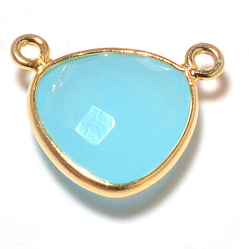 Stone Connectors & Drops. Sterling Silver Gold Plated / Vermeil 16.0mm Width by 14.0mm Length, Chalcedony - Aqua Stone, Triangle Connector - Center Piece with two 3.0mm Closed Rings on top. Quantity Per Pack: 1 Piece.