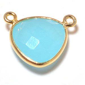 Stone Connectors & Drops. Sterling Silver Gold Plated / Vermeil 16.0mm Width by 14.0mm Length, Chalcedony - Aqua Stone, Triangle Connector - Center Piece with two 3.0mm Closed Rings on top. Quantity Per Pack: 1 Piece.