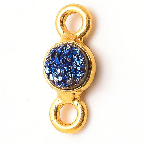 Stone Connectors & Drops. Sterling Silver Gold Plated / Vermeil 6.0mm Width / Length, Druzy - Blue Stone, Round Connector with 3.3mm Closed Ring on each side. Quantity Per Pack: 1 Piece.