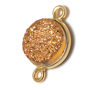 Stone Connectors & Drops. Sterling Silver Gold Plated / Vermeil 6.0mm Width / Length, Druzy - Gold Stone, Round Connector with 3.3mm Closed Ring on each side. Quantity Per Pack: 1 Piece.