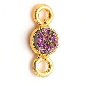 Stone Connectors & Drops. Sterling Silver Gold Plated / Vermeil 6.0mm Width / Length, Druzy - Violet Stone, Round Connector with 3.3mm Closed Ring on each side. Quantity Per Pack: 1 Piece.