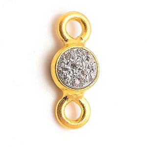 Stone Connectors & Drops. Sterling Silver Gold Plated / Vermeil 6.0mm Width / Length, Druzy - Silver Stone, Round Connector with 3.3mm Closed Ring on each side. Quantity Per Pack: 1 Piece.