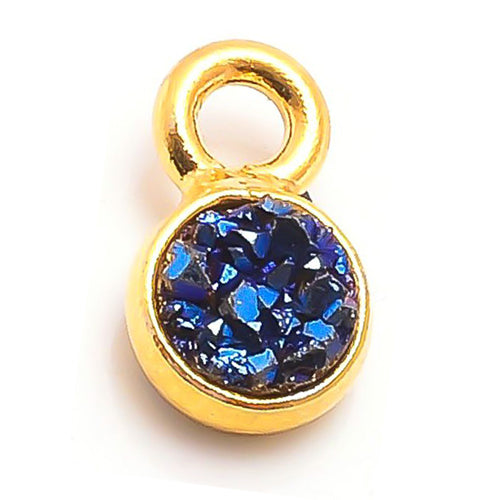 Stone Connectors & Drops. Sterling Silver Gold Plated / Vermeil 6.0mm Width / Length, Druzy - Blue Stone, Round Drop with one 3.3mm Closed Ring. Quantity Per Pack: 1 Piece.