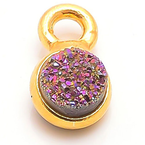 Stone Connectors & Drops. Sterling Silver Gold Plated / Vermeil 6.0mm Width / Length, Druzy - Violet Stone, Round Drop with one 3.3mm Closed Ring. Quantity Per Pack: 1 Piece.