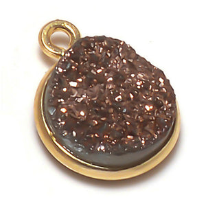 Stone Connectors & Drops. Sterling Silver Gold Plated / Vermeil 6.0mm Width / Length, Copper Druzy Stone, Round Drop with one 3.3mm Closed Ring. Quantity Per Pack: 1 Piece.