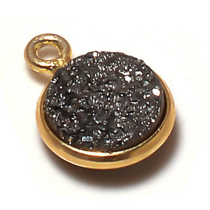 Stone Connectors & Drops. Sterling Silver Gold Plated / Vermeil 6.0mm Width / Length, Druzy - Black Stone, Round Drop with one 3.3mm Closed Ring. Quantity Per Pack: 1 Piece.