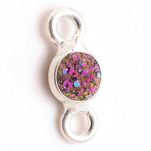 Stone Connectors & Drops. Sterling Silver 6.0mm Width / Length, Druzy - Violet Stone, Round Connector with 3.3mm Closed Ring on each side. Quantity Per Pack: 1 Piece.