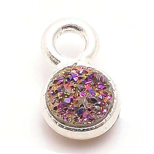 Stone Connectors & Drops. Sterling Silver 6.0mm Width / Length, Druzy - Violet Stone, Round Drop with one 3.3mm Closed Ring. Quantity Per Pack: 1 Piece.