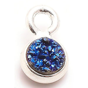 Stone Connectors & Drops. Sterling Silver 6.0mm Width / Length, Druzy - Blue Stone, Round Drop with one 3.3mm Closed Ring. Quantity Per Pack: 1 Piece.