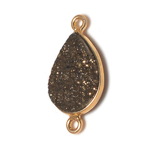 Stone Connectors & Drops. Sterling Silver Gold Plated / Vermeil 11.3mm Width by 22.8mm Length, Druzy - Bronze Stone, Tear Drop Connector with 3.1mm Closed Ring on each side. Quantity Per Pack: 1 Piece.