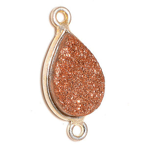 Stone Connectors & Drops. Sterling Silver Gold Plated / Vermeil 11.3mm Width by 22.8mm Length, Copper Druzy Stone, Tear Drop Connector with 3.1mm Closed Ring on each side. Quantity Per Pack: 1 Piece.