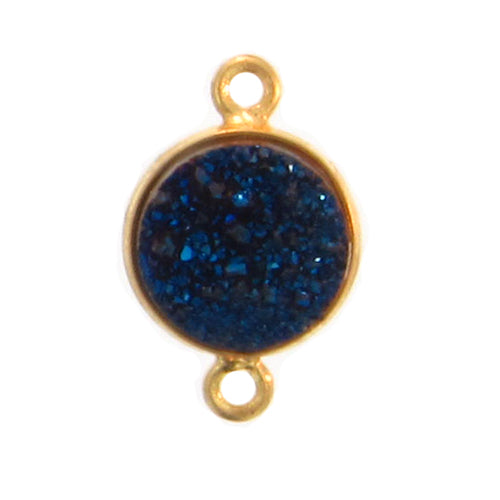 Stone Connectors & Drops. Sterling Silver Gold Plated / Vermeil 11.0mm Width / Length, Druzy - Blue Stone, Round Connector with 3.3mm Closed Ring on each side. Quantity Per Pack: 1 Piece.