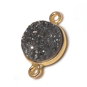 Stone Connectors & Drops. Sterling Silver Gold Plated / Vermeil 6.0mm Width / Length, Druzy - Black Stone, Round Connector with 3.3mm Closed Ring on each side. Quantity Per Pack: 1 Piece.