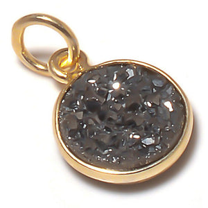 Stone Connectors & Drops. Sterling Silver Gold Plated / Vermeil 6.0mm Width / Length, Druzy - Black Stone, Round Drop with one 3.3mm Closed Ring with 5.8mm Bail. Quantity Per Pack: 1 Piece.