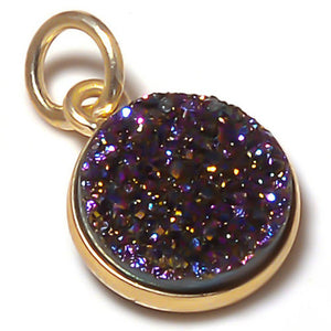 Stone Connectors & Drops. Sterling Silver Gold Plated / Vermeil 6.0mm Width / Length, Druzy - Violet Stone, Round Drop with one 3.3mm Closed Ring with 5.8mm Bail. Quantity Per Pack: 1 Piece.