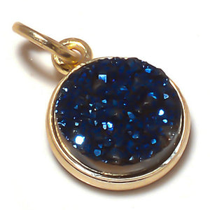 Stone Connectors & Drops. Sterling Silver Gold Plated / Vermeil 6.0mm Width / Length, Druzy - Blue Stone, Round Drop with one 3.3mm Closed Ring with 5.8mm Bail. Quantity Per Pack: 1 Piece.