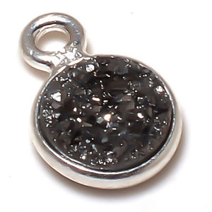 Stone Connectors & Drops. Sterling Silver 6.0mm Width / Length, Druzy - Black Stone, Round Drop with one 3.3mm Closed Ring. Quantity Per Pack: 1 Piece.