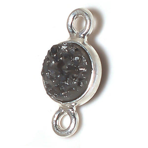 Stone Connectors & Drops. Sterling Silver 6.0mm Width / Length, Druzy - Black Stone, Round Connector with 3.3mm Closed Ring on each side. Quantity Per Pack: 1 Piece.