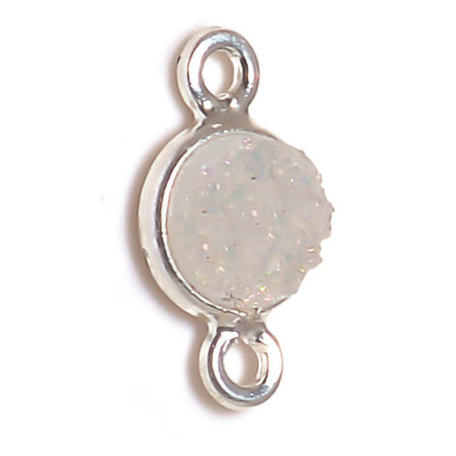 Stone Connectors & Drops. Sterling Silver 6.0mm Width / Length, Druzy - Pearl Shimmer Stone, Round Connector with 3.3mm Closed Ring on each side. Quantity Per Pack: 1 Piece.