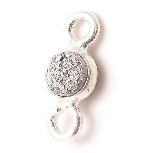 Stone Connectors & Drops. Sterling Silver 6.0mm Width / Length, Druzy - Silver Stone, Round Connector with 3.3mm Closed Ring on each side. Quantity Per Pack: 1 Piece.