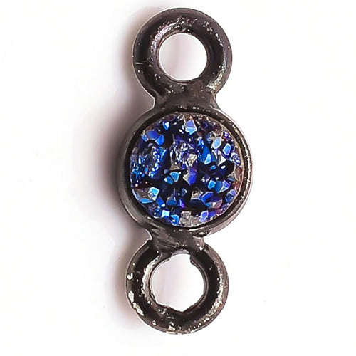 Stone Connectors & Drops. Sterling Silver Oxidized 6.0mm Width / Length, Druzy - Blue Stone, Round Connector with 3.3mm Closed Ring on each side. Quantity Per Pack: 1 Piece.