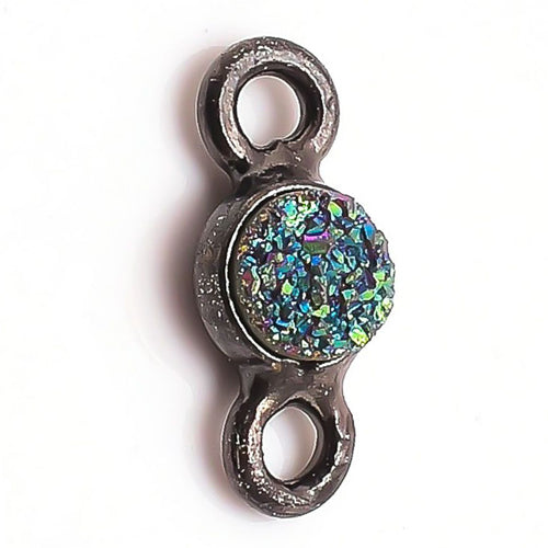 Stone Connectors & Drops. Sterling Silver Oxidized 6.0mm Width / Length, Druzy - Green Stone, Round Connector with 3.3mm Closed Ring on each side. Quantity Per Pack: 1 Piece.