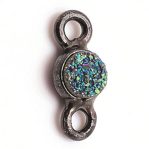 Stone Connectors & Drops. Sterling Silver Oxidized 6.0mm Width / Length, Druzy - Green Stone, Round Connector with 3.3mm Closed Ring on each side. Quantity Per Pack: 1 Piece.