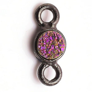 Stone Connectors & Drops. Sterling Silver Oxidized 6.0mm Width / Length, Druzy - Violet Stone, Round Connector with 3.3mm Closed Ring on each side. Quantity Per Pack: 1 Piece.