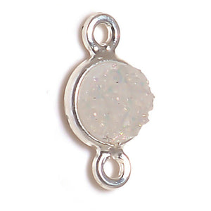 Stone Connectors & Drops. Sterling Silver Oxidized 6.0mm Width / Length, Druzy - Pearl Shimmer Stone, Round Connector with 3.3mm Closed Ring on each side. Quantity Per Pack: 1 Piece.