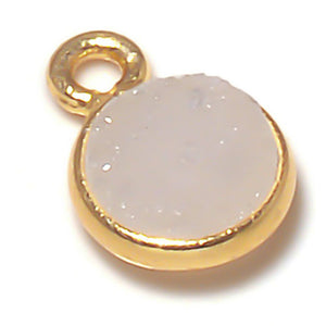 Stone Connectors & Drops. Sterling Silver Gold Plated / Vermeil 10.0mm Width / Length, Druzy - Natural Stone, Round Drop with one 3.3mm Closed Ring. Quantity Per Pack: 1 Piece.