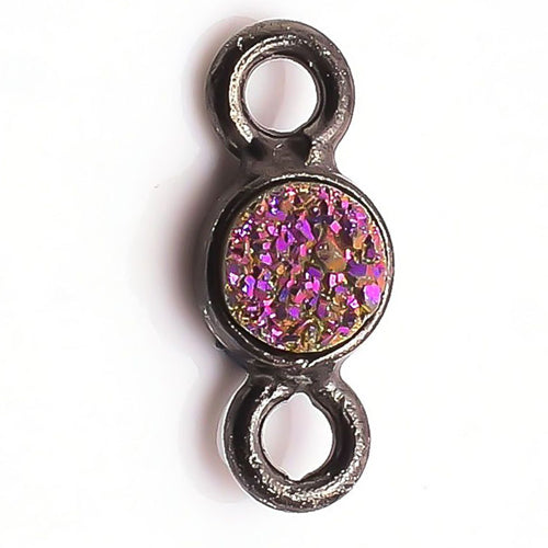 Stone Connectors & Drops. Sterling Silver Oxidized 3.0mm Width / Length, Druzy - Violet Stone, Round Connector with 2.2mm Closed Ring on each side. Quantity Per Pack: 1 Piece.