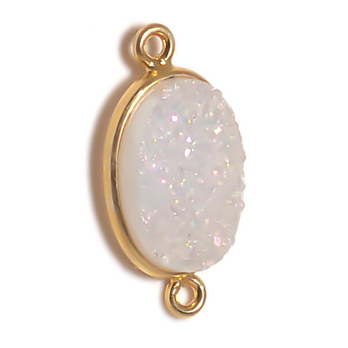 Stone Connectors & Drops. Sterling Silver Gold Plated / Vermeil 11.3mm Width by 21.3mm Length, Druzy - Natural Stone, Oval Connector with 3.1mm Closed Ring on each side. Quantity Per Pack: 1 Piece.