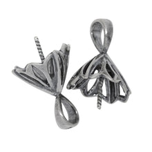 Load image into Gallery viewer, Sterling Silver Oxidized 10.8mm Width by 12.3mm Length, Filigree Screw Eye Bail with 5.8mm Width by 6.9mm Height, Sliding Bail at the top. Quantity per pack - 2 Pieces.
