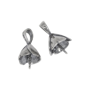 Sterling Silver Oxidized 10.2mm Width by 11.4mm Length, Screw Eye Bail with 5.1mm Width by 6.4mm Height, Sliding Bail at the top. Quantity per pack - 2 Pieces.