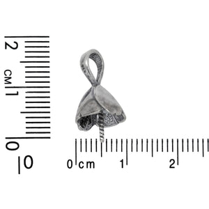 Sterling Silver Oxidized 10.2mm Width by 11.4mm Length, Screw Eye Bail with 5.1mm Width by 6.4mm Height, Sliding Bail at the top. Quantity per pack - 2 Pieces.